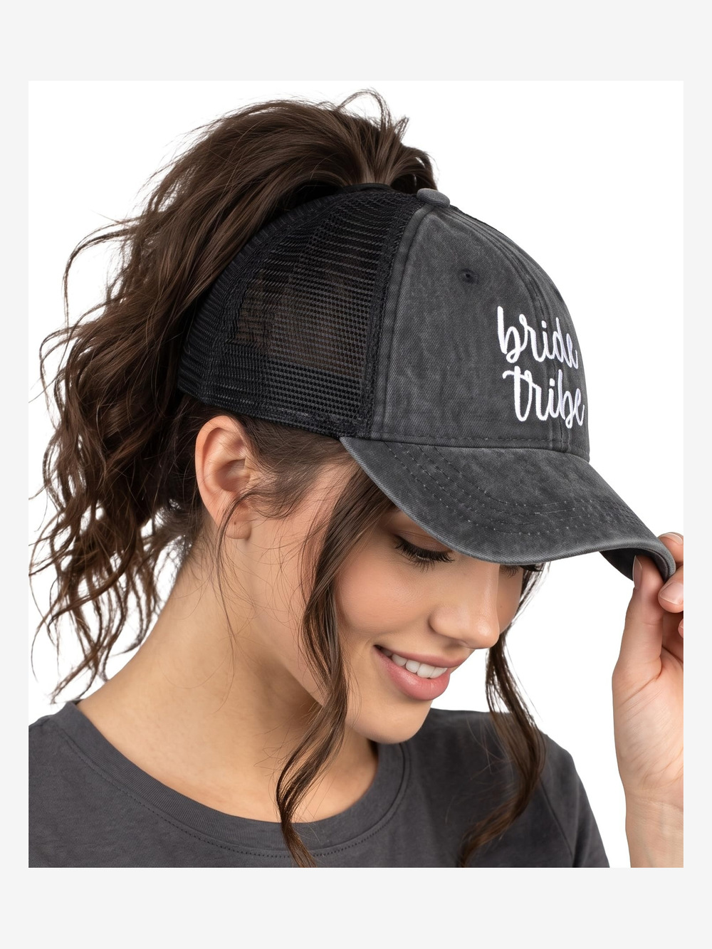 Criss Cross Ponytail Cap, Messy Bun Distressed Baseball Hat | Black | Size OS